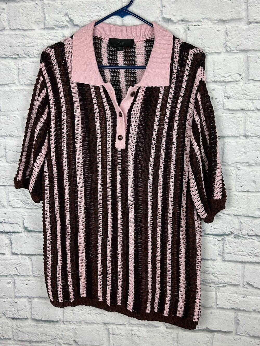 Zara Women’s L Pink Brown Striped Open Knit Polo Sweater Top Crochet
